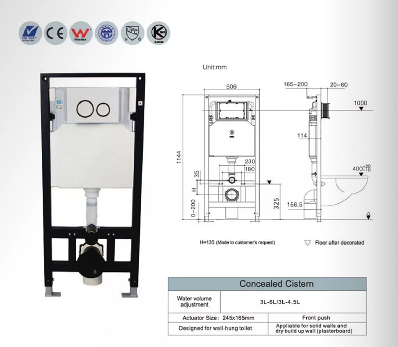 Wall Hung Style Toilet Concealed Cistern System Stainless Steel Container R&T Hidden Water Tank